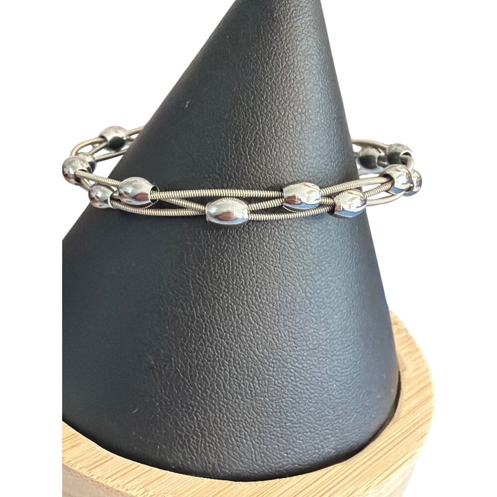 Vtg Stainless Steel Bangle Bracelet Fixed Beads Braided Snake Chain 6.25"Estate